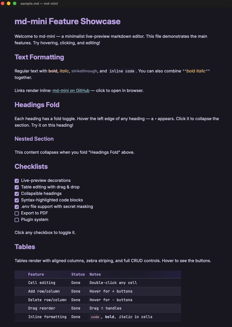 mdmini screenshot — live-preview markdown editor